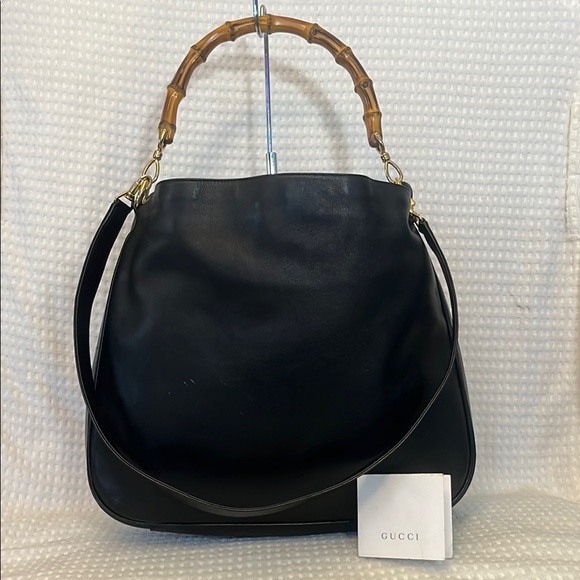 Gucci Handbags - Gucci Black Leather Shoulder Bag with Bamboo Top Handle and Gold Hardware